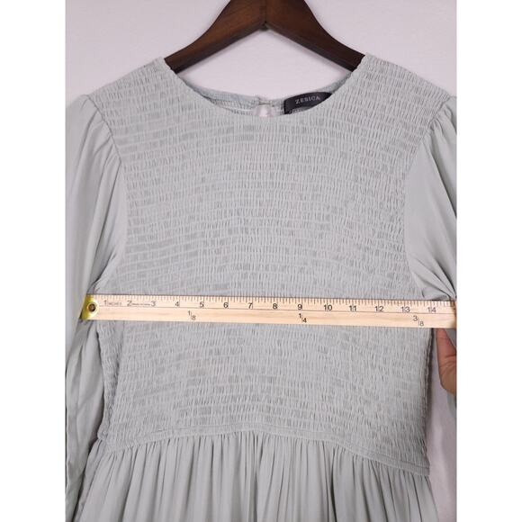 ZESICA Size L Smocked Long Sleeve Ruffle Hem Dress Light Sage Green - Picture 8 of 15